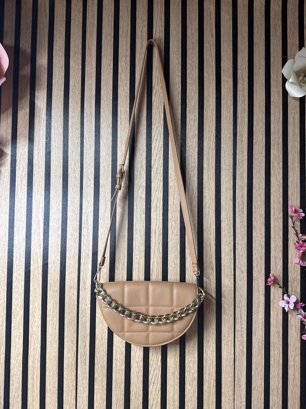 Tan Half Moon Quilted Crossbody Bag with Chunky Gold Chain Accent